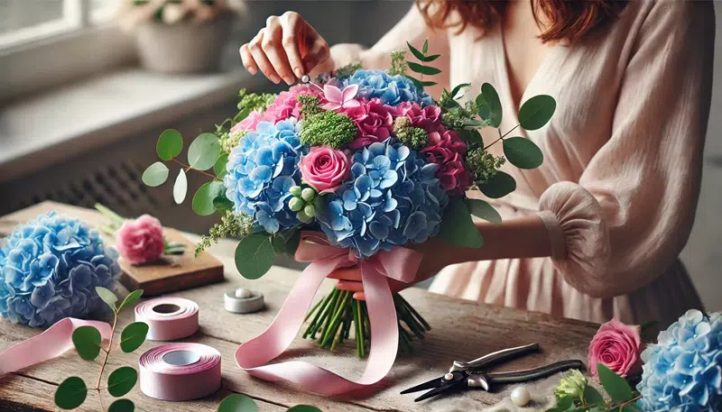 A Woman is Finishing the Hydrangea Bouquet