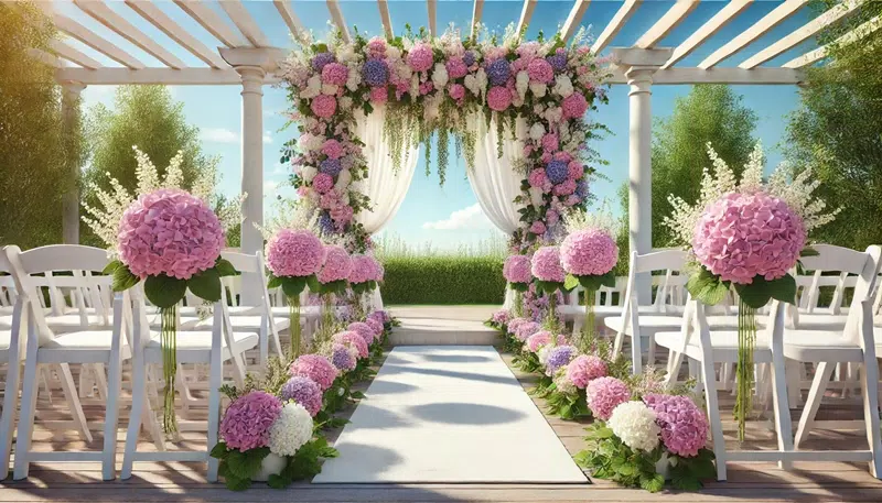 A wedding ceremony with a wooden arch adorned with pink and purple hydrangeas and greenery.