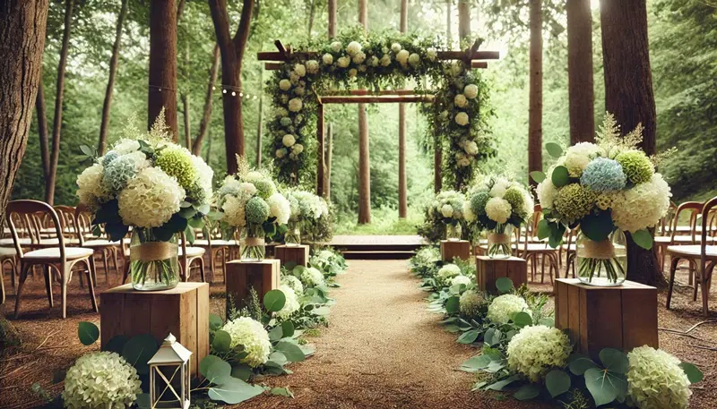 A rustic outdoor wedding ceremony with a wooden arch decorated with white and green hydrangeas.