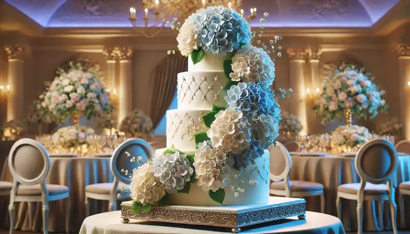 A four-tier wedding cake adorned with white and blue marzipan hydrangeas cascading down one side, set on a silver stand in a grand wedding reception venue.