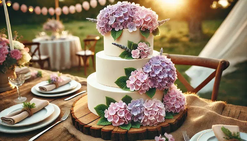 A three-tier rustic wedding cake with pastel pink and lavender marzipan hydrangeas and greenery, displayed on a wooden stand in an outdoor reception.