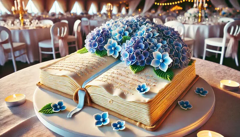 An open book-shaped wedding cake with marzipan hydrangeas in blue and white, featuring edible script on the pages, set in an intimate wedding reception.