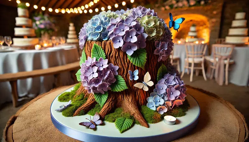 A tree stump-shaped wedding cake with purple and blue marzipan hydrangeas, edible moss, and sugar butterflies, set in a rustic outdoor reception.