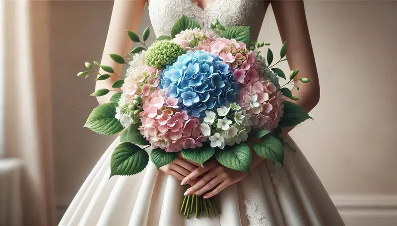 A bride holding a vibrant bridal bouquet made of blue, pink, and white hydrangeas.