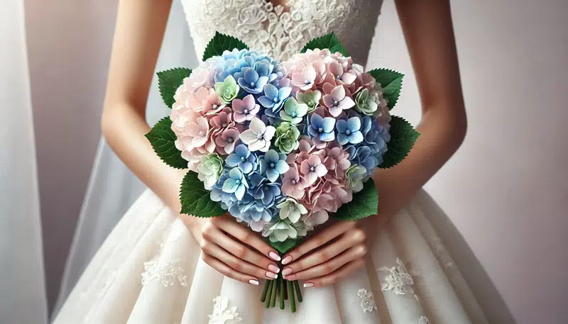 A bride holding a heart-shaped bridal bouquet made of pastel hydrangeas.