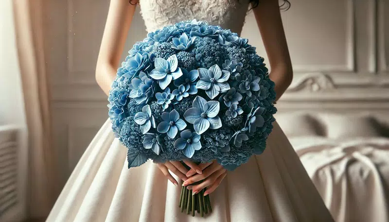 A bride holding a bridal bouquet made of blue hydrangeas.