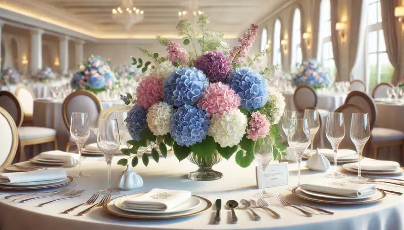 A wedding table with a centrepiece featuring blue, pink, and white hydrangeas in a low vase.