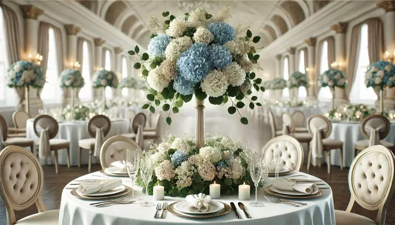 A wedding table with a tall centrepiece featuring blue and white hydrangeas in an elevated vase.