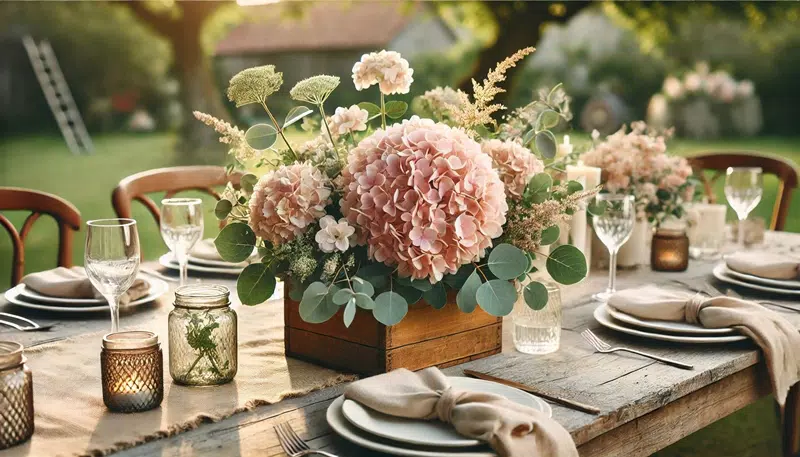 A rustic wedding table with a centrepiece featuring pink and white hydrangeas in a wooden box.