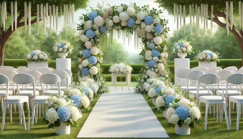 A wedding ceremony with a floral arch decorated with blue and white hydrangeas and greenery.