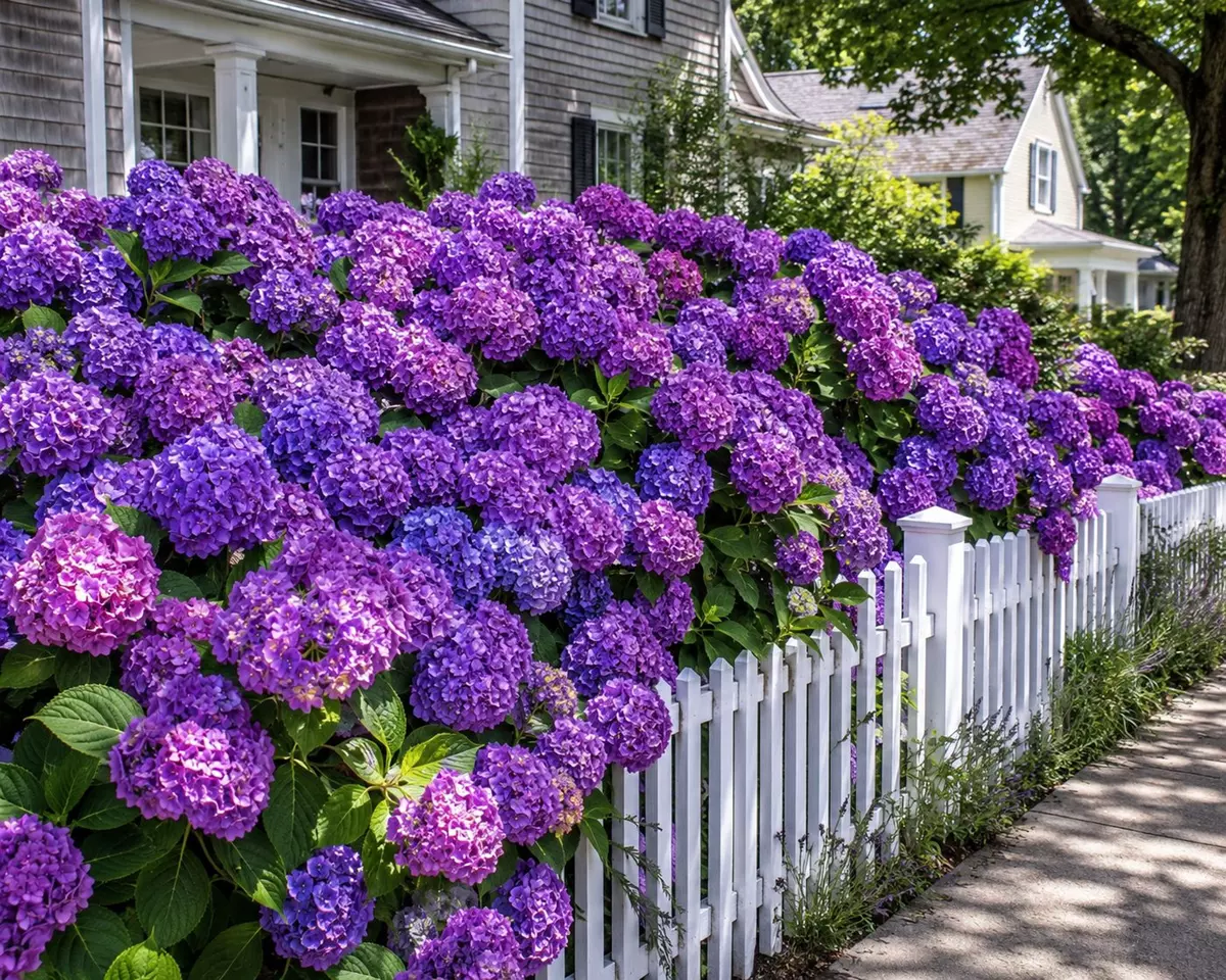 Large deep purple mophead hydrangea beside a white picket fence